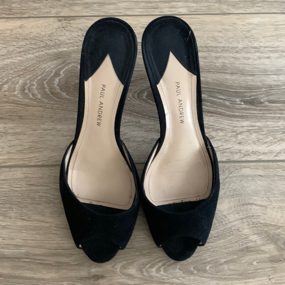Paul Andrew black suede peep toe slides